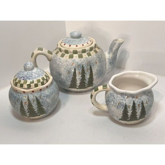 Nantucket Angie Anderson Christmas Teapot Set Farmhouse Cottagecore Cream Sugar - Picture 13 of 13